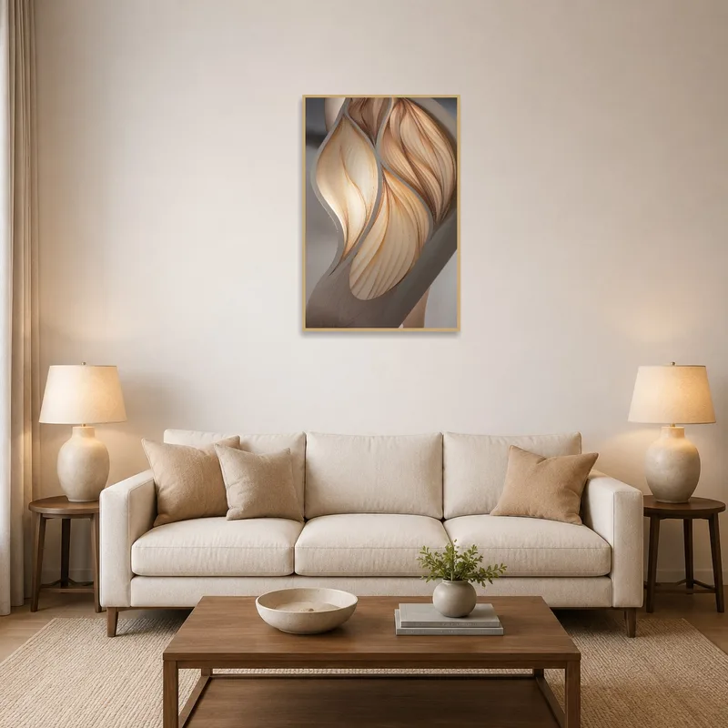 Elegant Wooden Wave artwork above a cozy living room sofa with soft lighting.