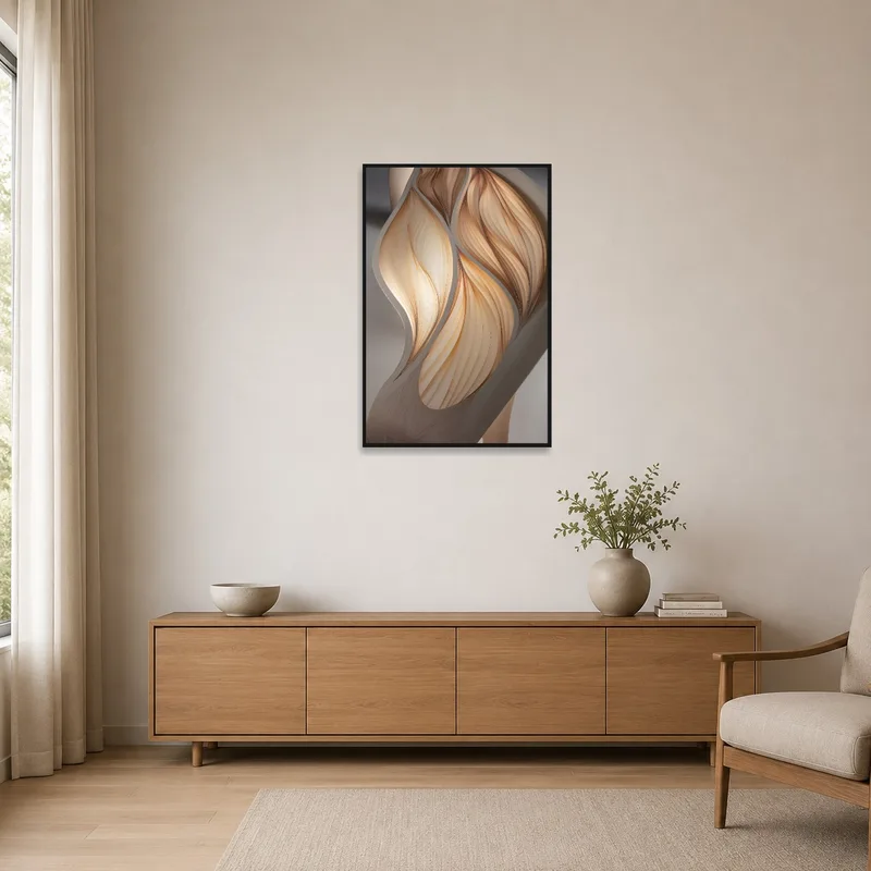 Sculptural print contrasting with a minimalist room's clean lines and neutral tones.