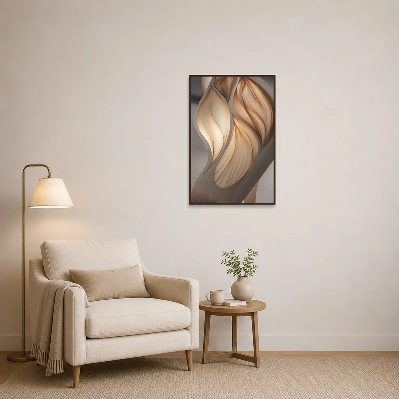Art print adding warmth to a reading corner with a plush armchair and lamp.