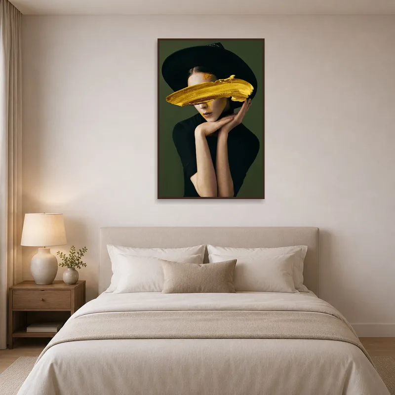 Elegant abstract portrait complements the serene atmosphere of a bedroom.