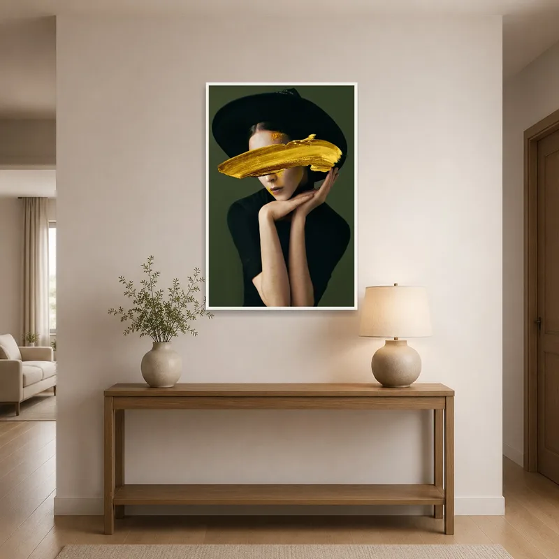 Elegant abstract portrait adds sophistication to an entrance hall.