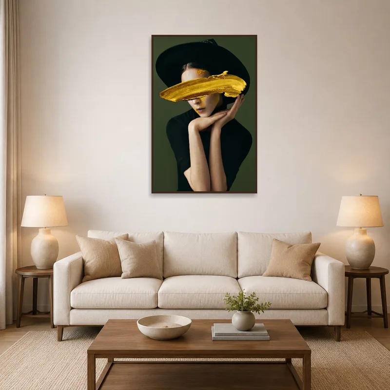 Elegant abstract portrait with gold accents in a stylish living room setting.