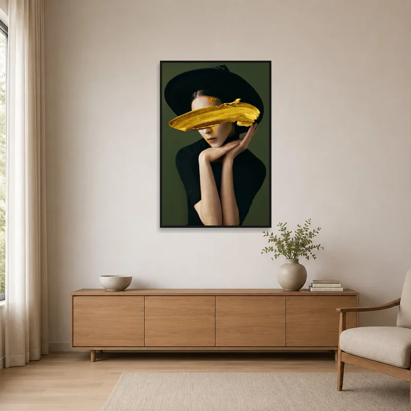 Elegant abstract portrait is the focal point in a minimalist-themed room.