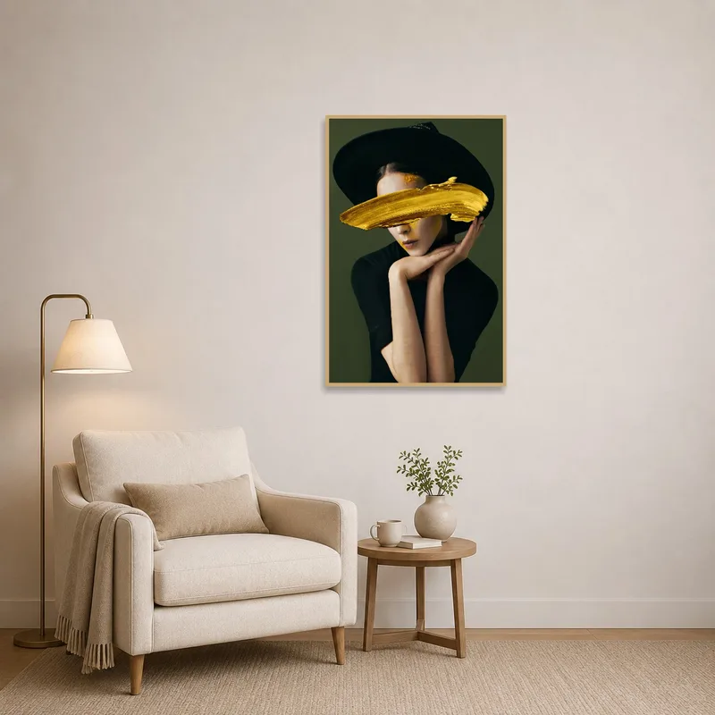 Elegant abstract portrait brings a touch of luxury to a cozy reading corner.