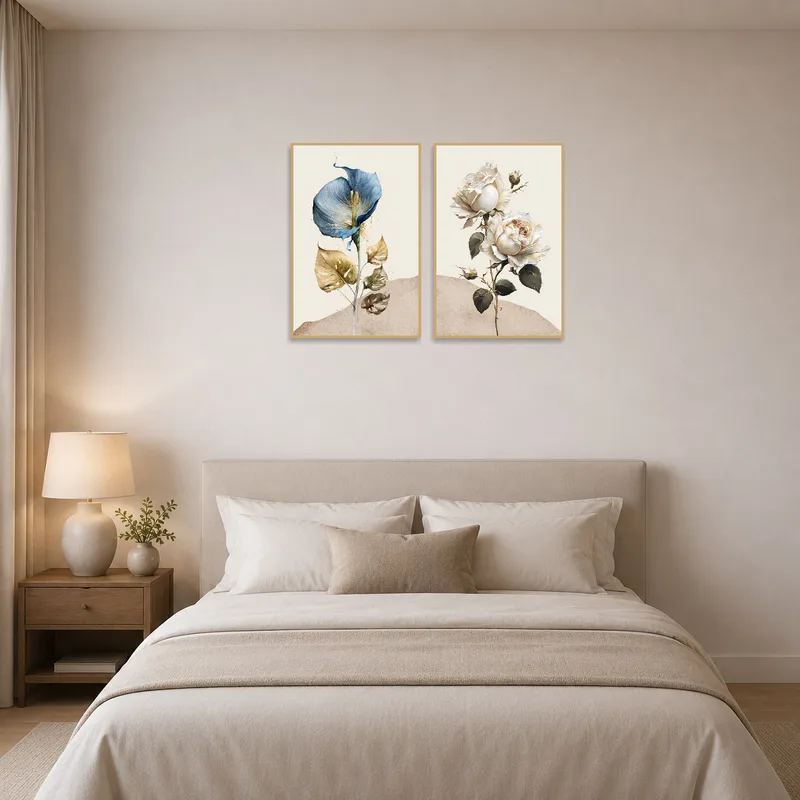Elegant floral pieces bring serenity to a peaceful bedroom.