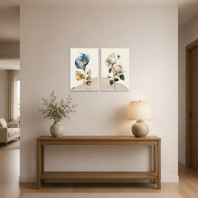 A soothing floral set greets guests in the entrance hall.