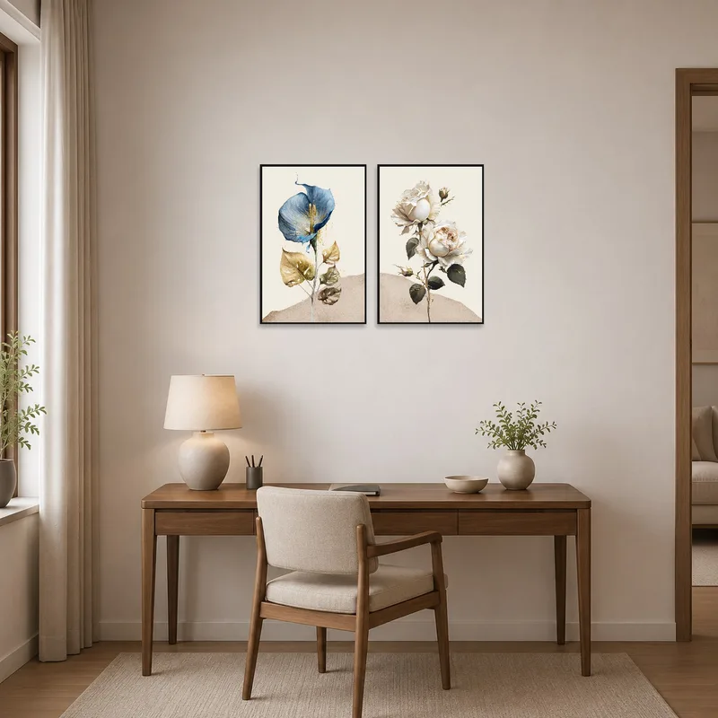 Floral art adds a touch of nature to a creative home office.