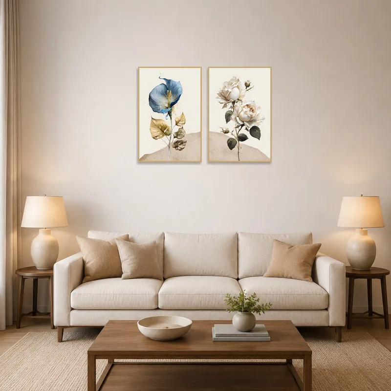 An elegantly illustrated floral set adds charm to a cozy living room.