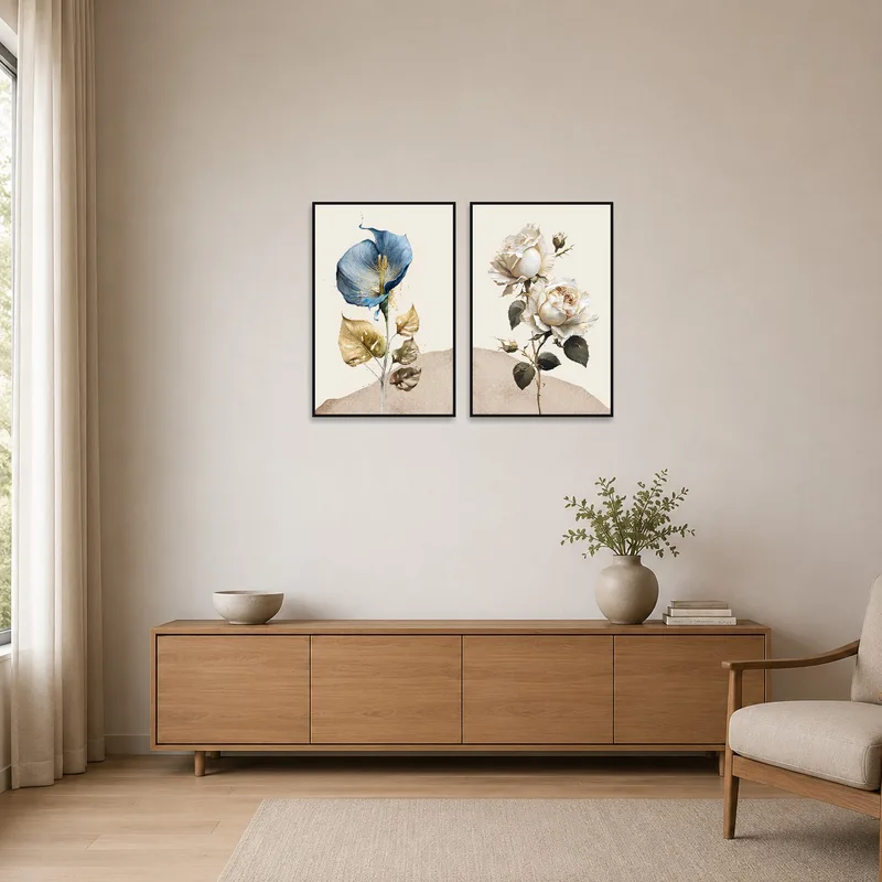 Simple floral illustrations complement a minimalist room's clean look.