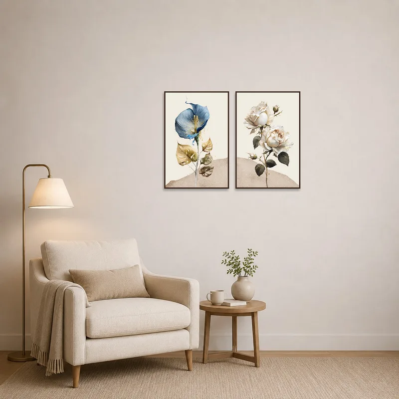 Delicate floral art enhances the tranquility of a reading corner.