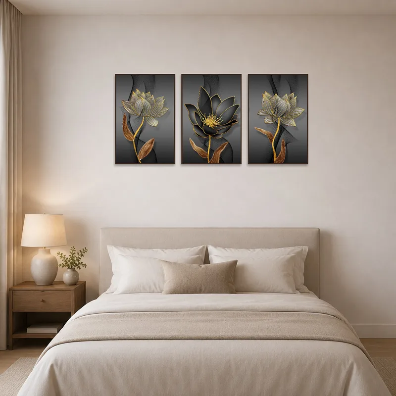 Golden floral art triptych enhancing the serene vibe of a bedroom.