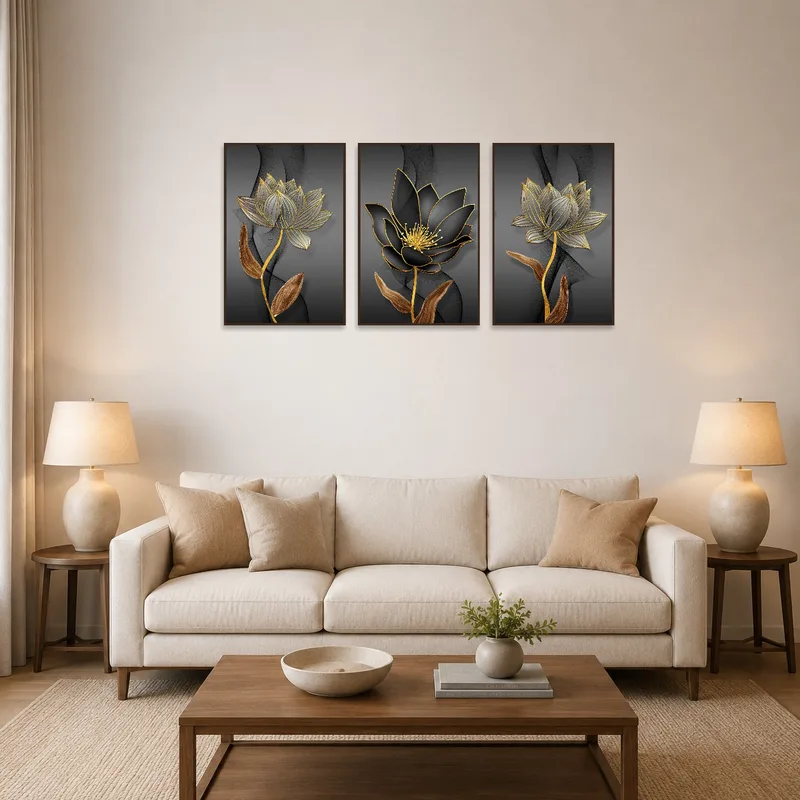 Golden floral triptych on a living room wall above a modern sofa.