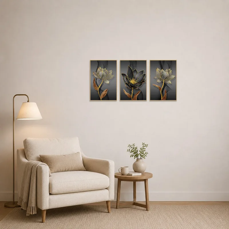 Golden floral triptych bringing elegance to a cozy reading nook.