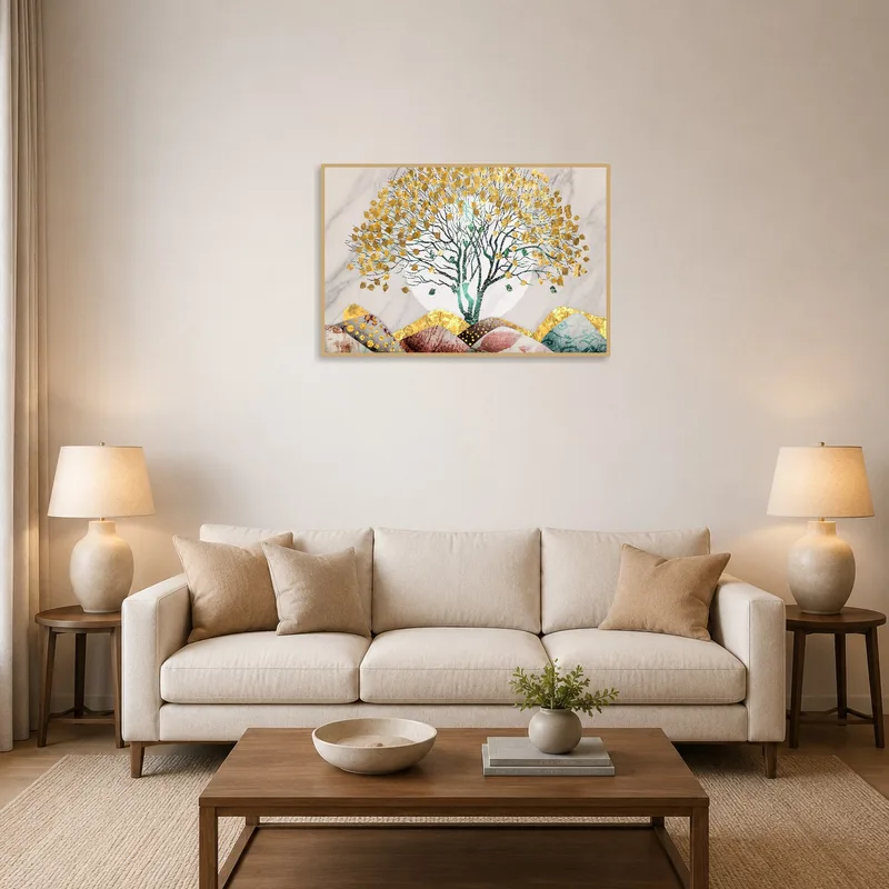 A textured tree art piece with golden leaves enhances the living room ambiance.