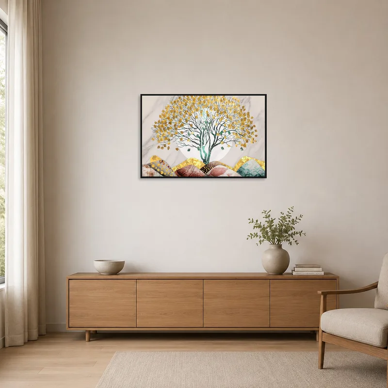 Minimalist room featuring a tree artwork with subtle textures and golden leaves.