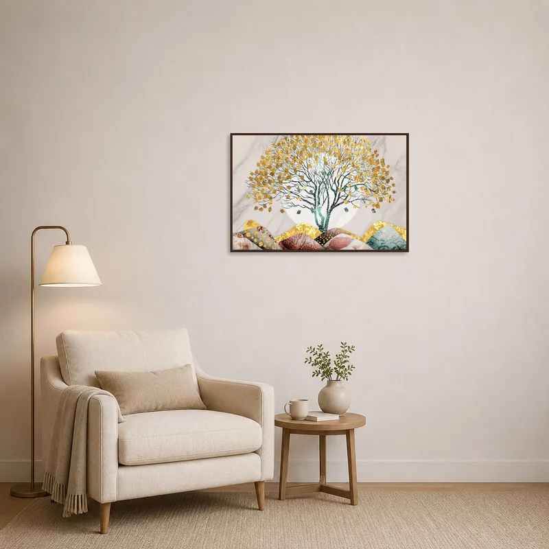 In the reading corner, a textured tree piece with golden leaves adds warmth.