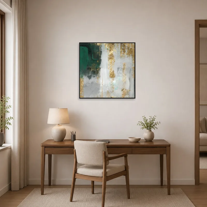 Emerald and gold abstract art elevates a modern home office space.