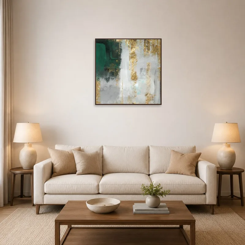Emerald and gold abstract art on a living room wall with cozy seating.