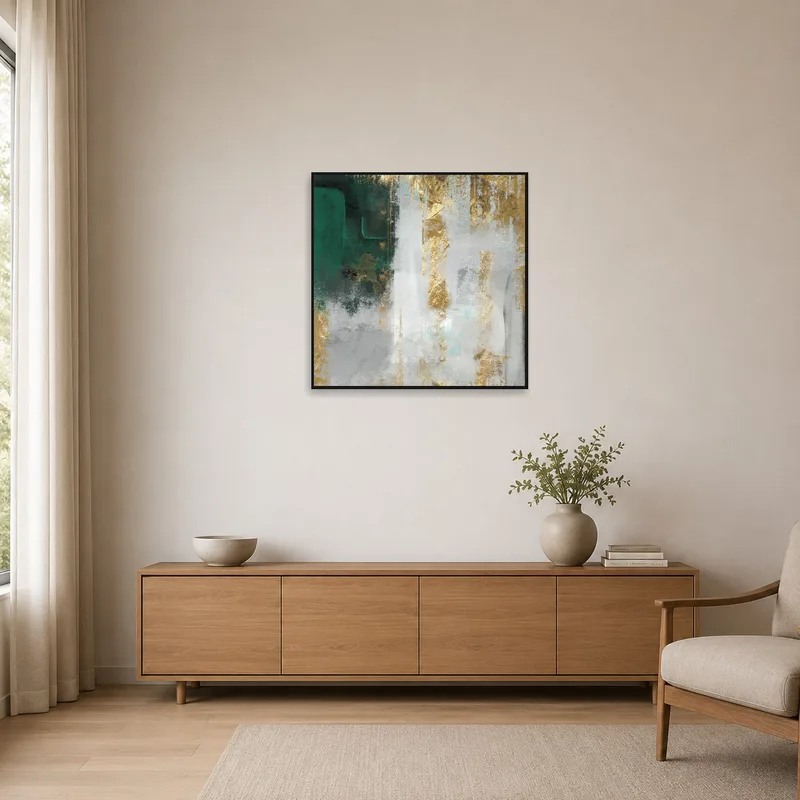 Emerald and gold abstract art in a minimalist room with neutral tones.