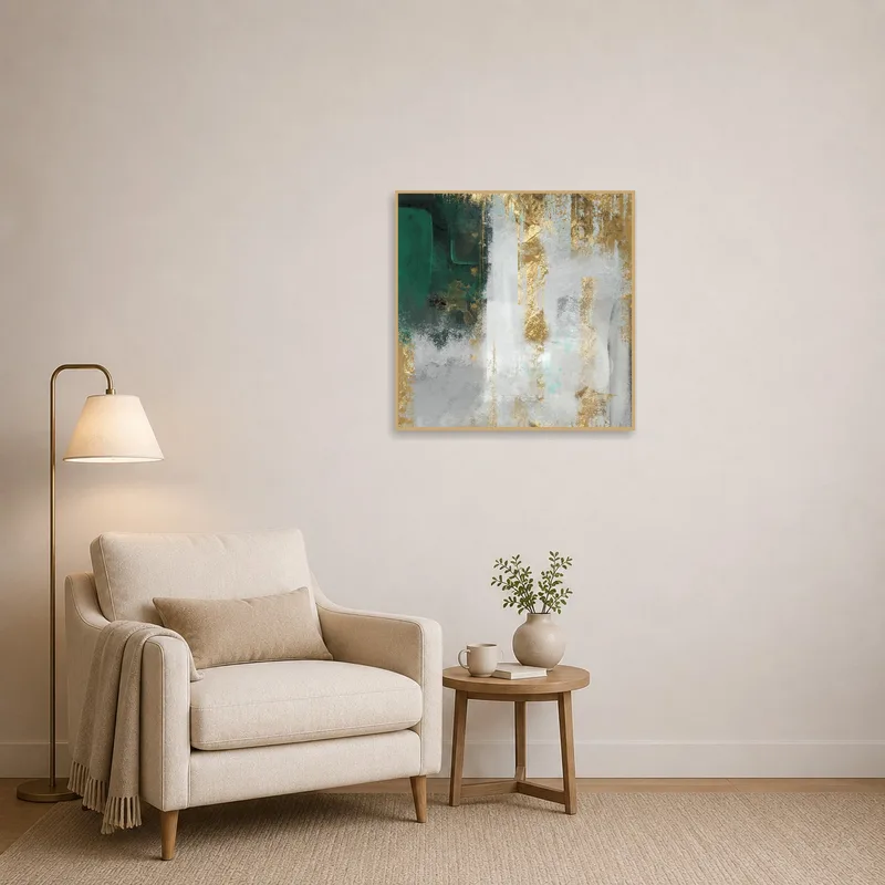 Emerald and gold abstract print adds vibrancy to a cozy reading corner.