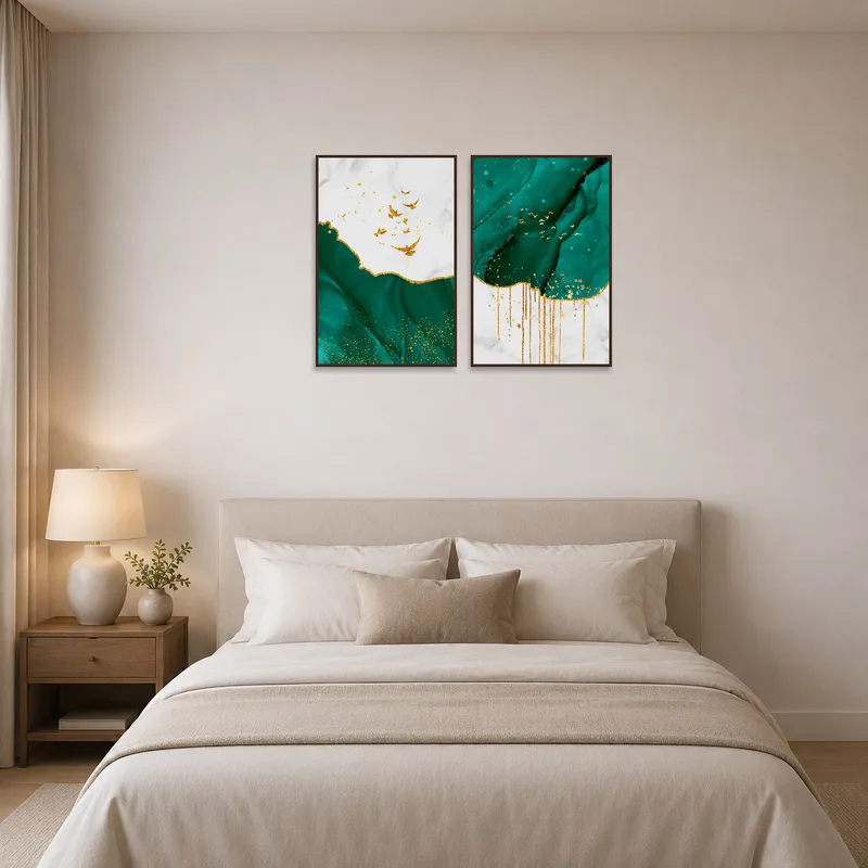 Emerald Essence Duo with Gold Accents artwork above the bed in a stylish bedroom.