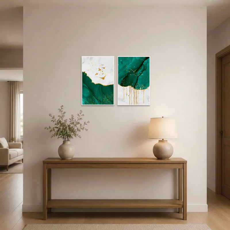 Emerald Essence Duo with Gold Accents in an entrance hall welcoming guests with vibrant colors.