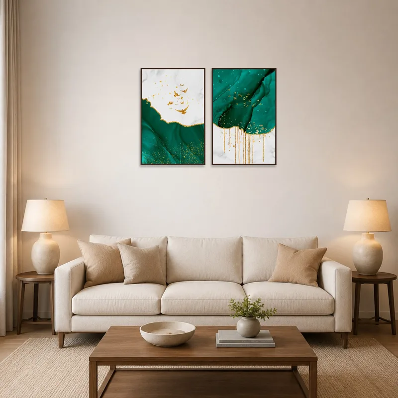 Emerald Essence Duo with Gold Accents artwork in a living room above a modern sofa.