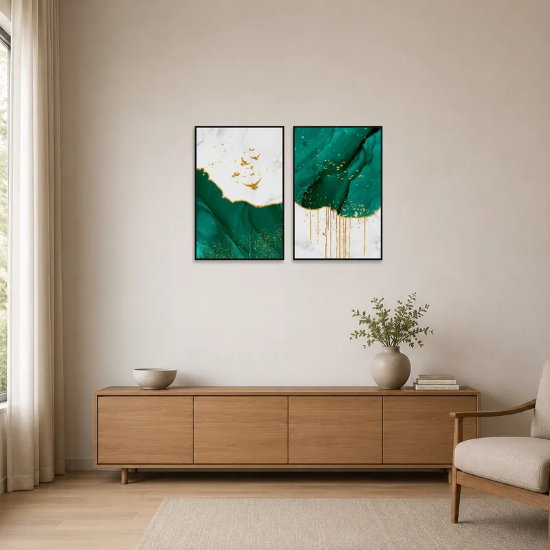 Emerald Essence Duo with Gold Accents in a minimalist room with a monochrome palette.