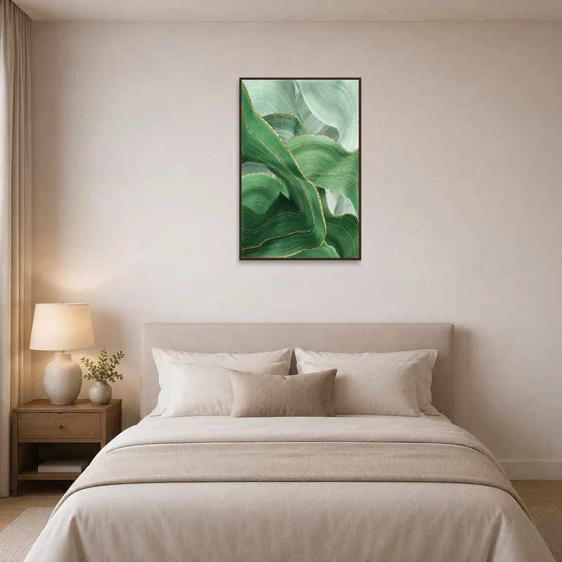 Emerald brushstroke waves offering tranquility in a chic bedroom setting.
