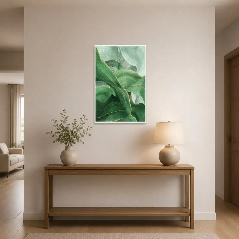Eye-catching brushstroke art of emerald waves greeting guests in an entrance hall.