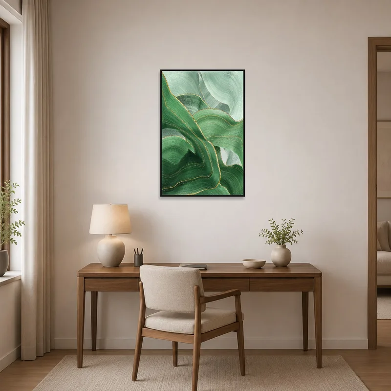 Abstract emerald wave art inspiring creativity in a modern home office.