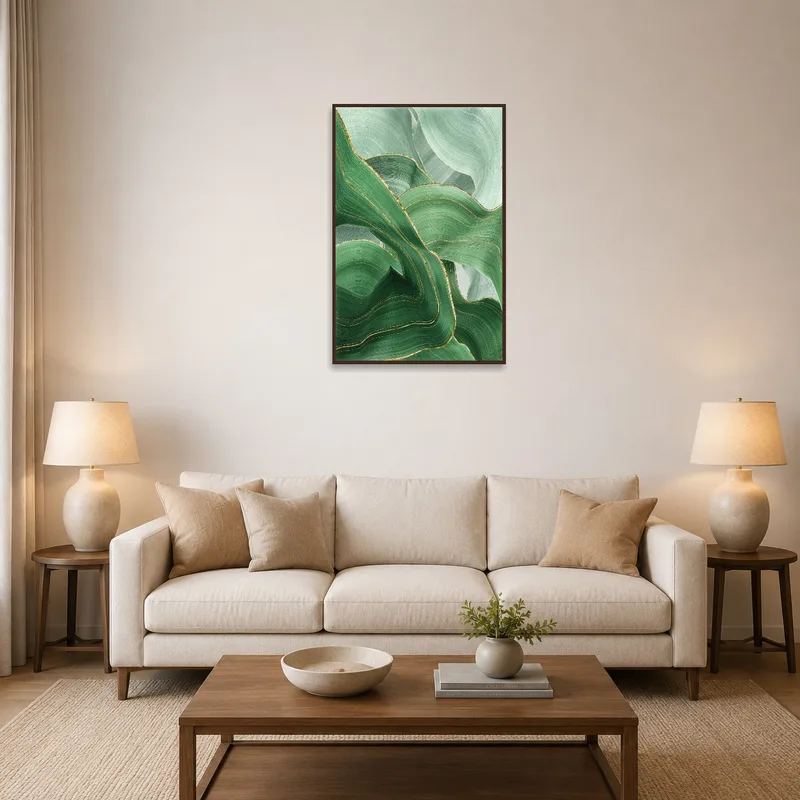 Abstract brushstroke art of emerald waves hanging in a bright and cozy living room.