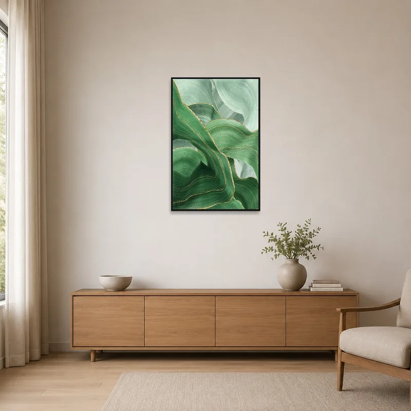 Emerald waves art piece complementing the clean lines of a minimalist space.