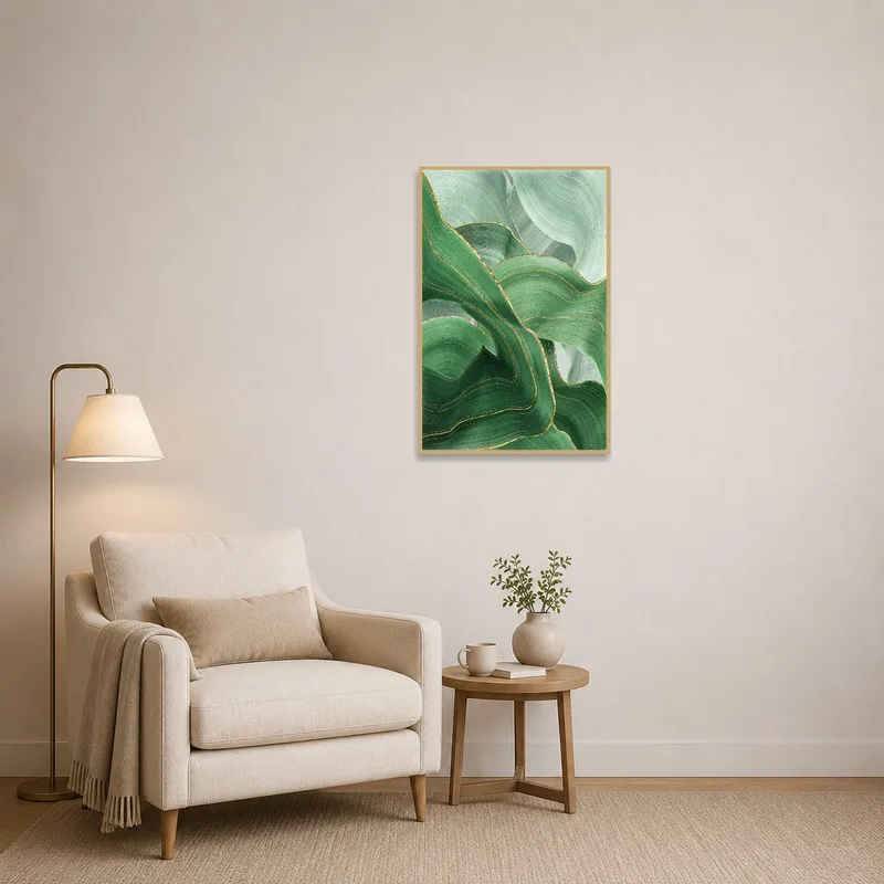 Green abstract waves art creating a serene vibe in a reading corner.