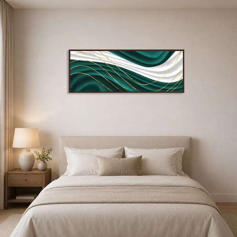 Unique art piece of emerald and gold waves adding elegance to a serene bedroom space.