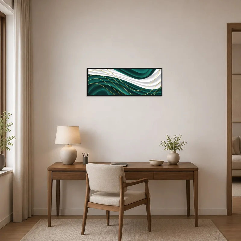 Sophisticated art of emerald waves enhancing the atmosphere of a productive home office.