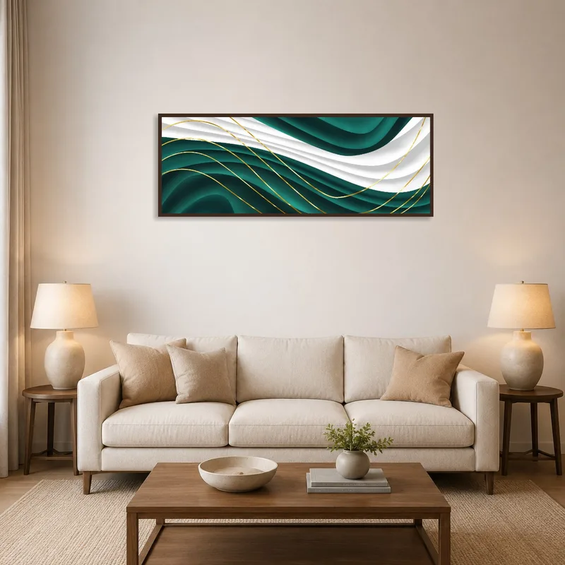 Panoramic art with emerald waves and gold accents above a modern sofa in a stylish living room.