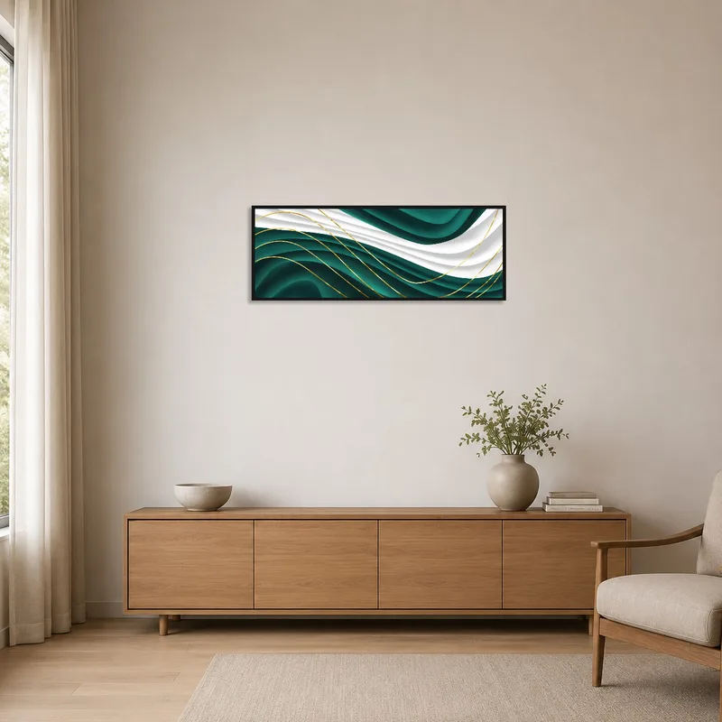 Emerald and gold wave art in a clean, minimalist room with simple furnishings.