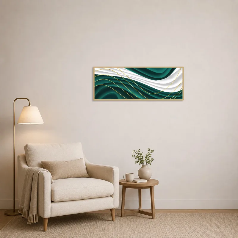 Emerald wave art with gold accents brightens a cozy reading corner with books and a comfy chair.