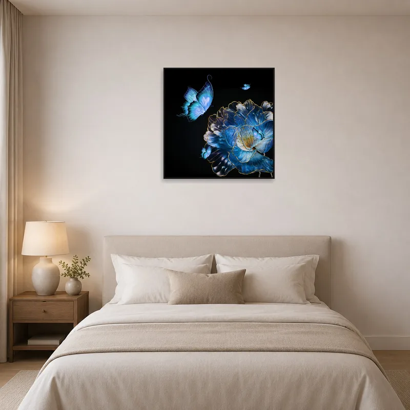 Tranquil bedroom with blue butterfly and floral artwork.