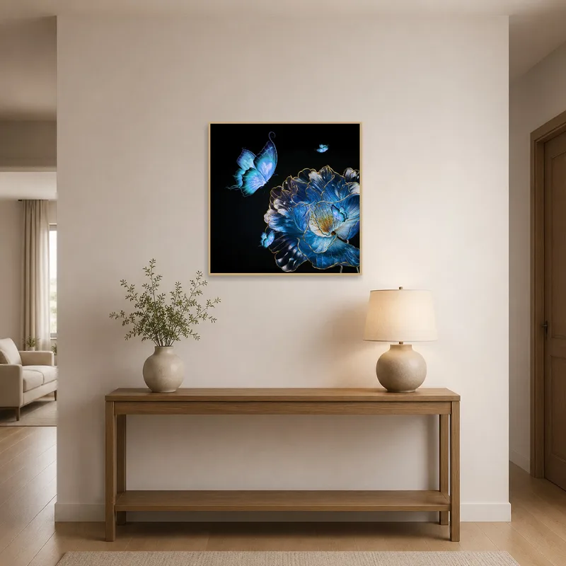 Entrance hall with vibrant butterfly and flower art greeting visitors.