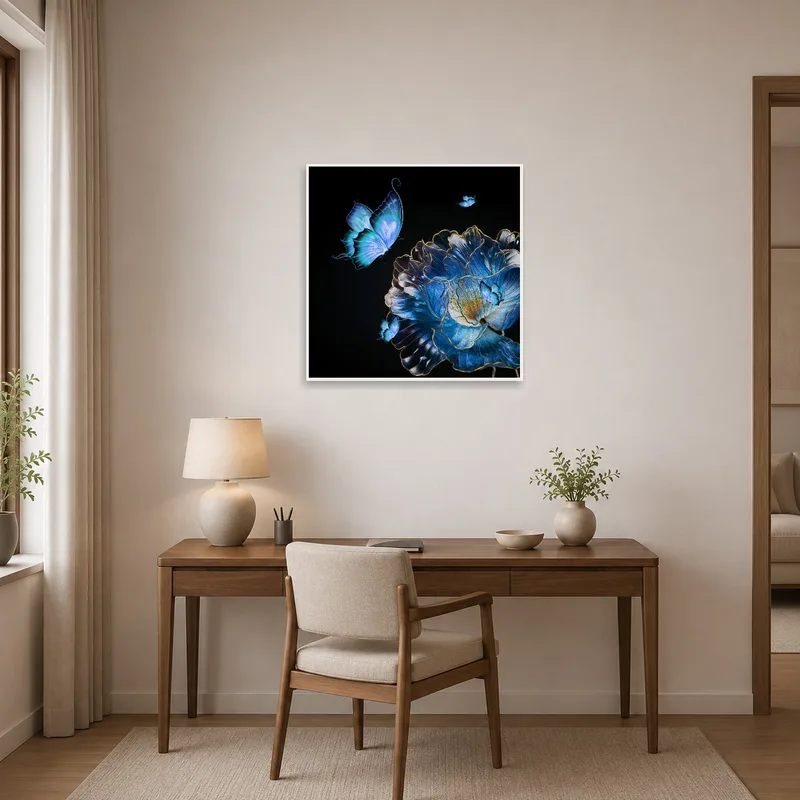 Home office with inspiring blue butterfly and flower art.