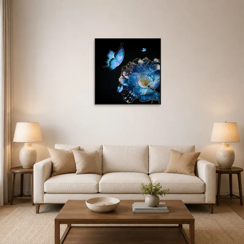 A calming living-room with blue butterfly and flower art on the wall.