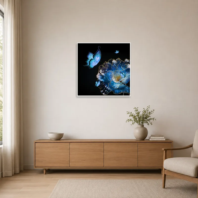 Minimalist room enhanced by blue butterfly and flower art.