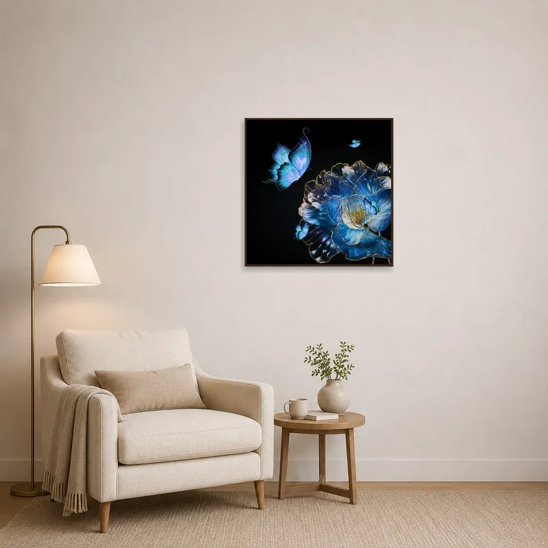 Reading corner featuring soothing art of blue butterflies and flowers.