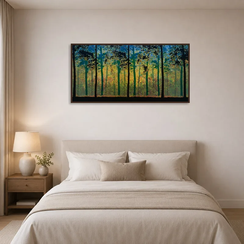 Bedroom showcasing a peaceful forest scene during dusk hours.