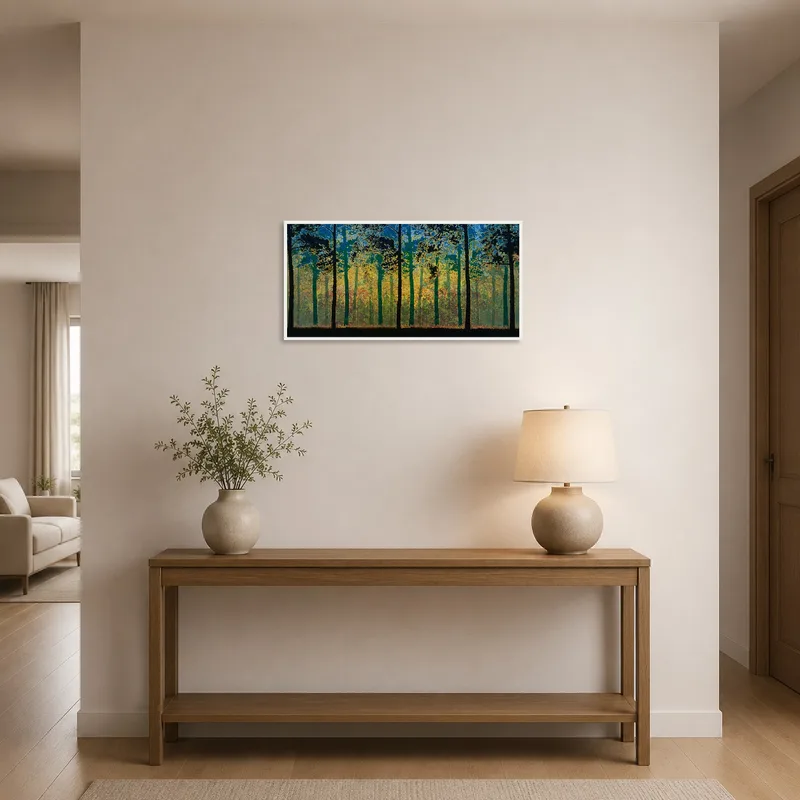 Entrance hall featuring a wide scenic view of a forest at dusk.