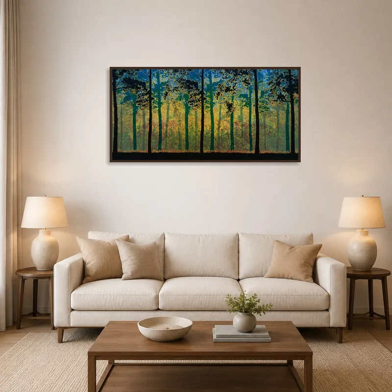 Panoramic scene of a forest at dusk displayed in a stylish living room.