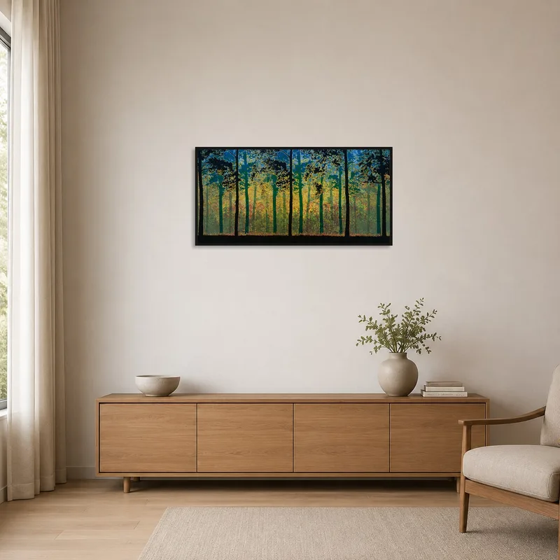 Minimalist room with a serene dusk-time forest view on the wall.