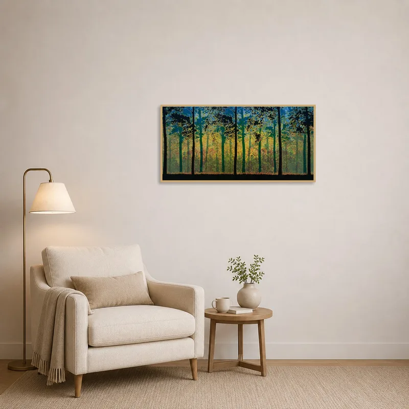 Reading corner adorned with a tranquil forest panorama at dusk.